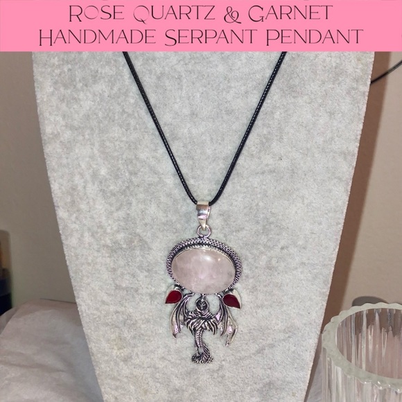 Rose Quartz Gemstone Handmade Winged Serpant Pendant Necklace - Picture 2 of 3